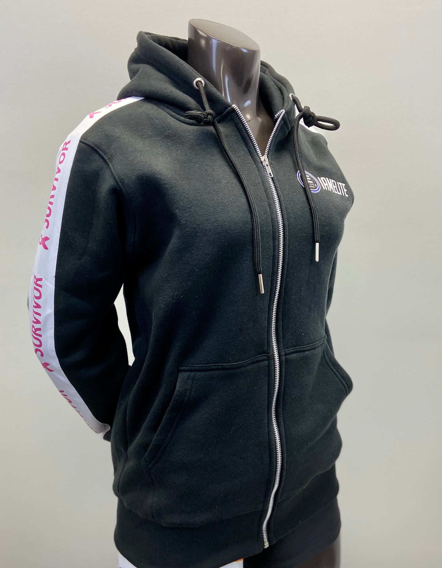 IAEGear™ Women's Long Sleeve Medium Blend Full Zip Up Cancer Survivor Hooded Sweatshirt Black