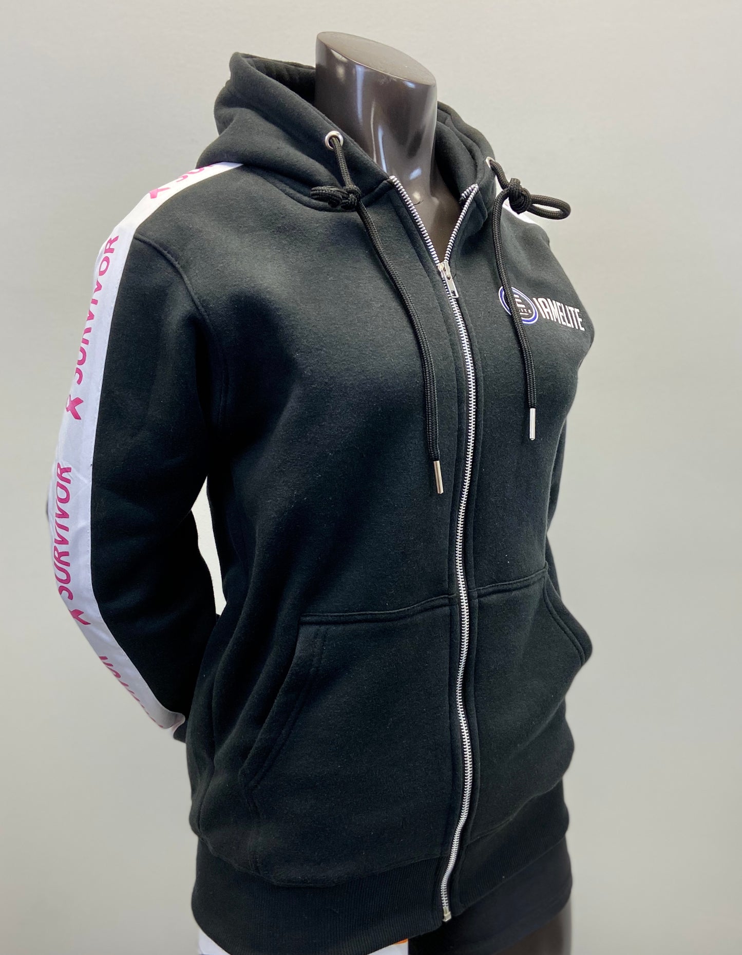 IAEGear™ Women's  Long Sleeve Medium Blend Full Zip Up Cancer Survivor Hooded Sweatshirt Black